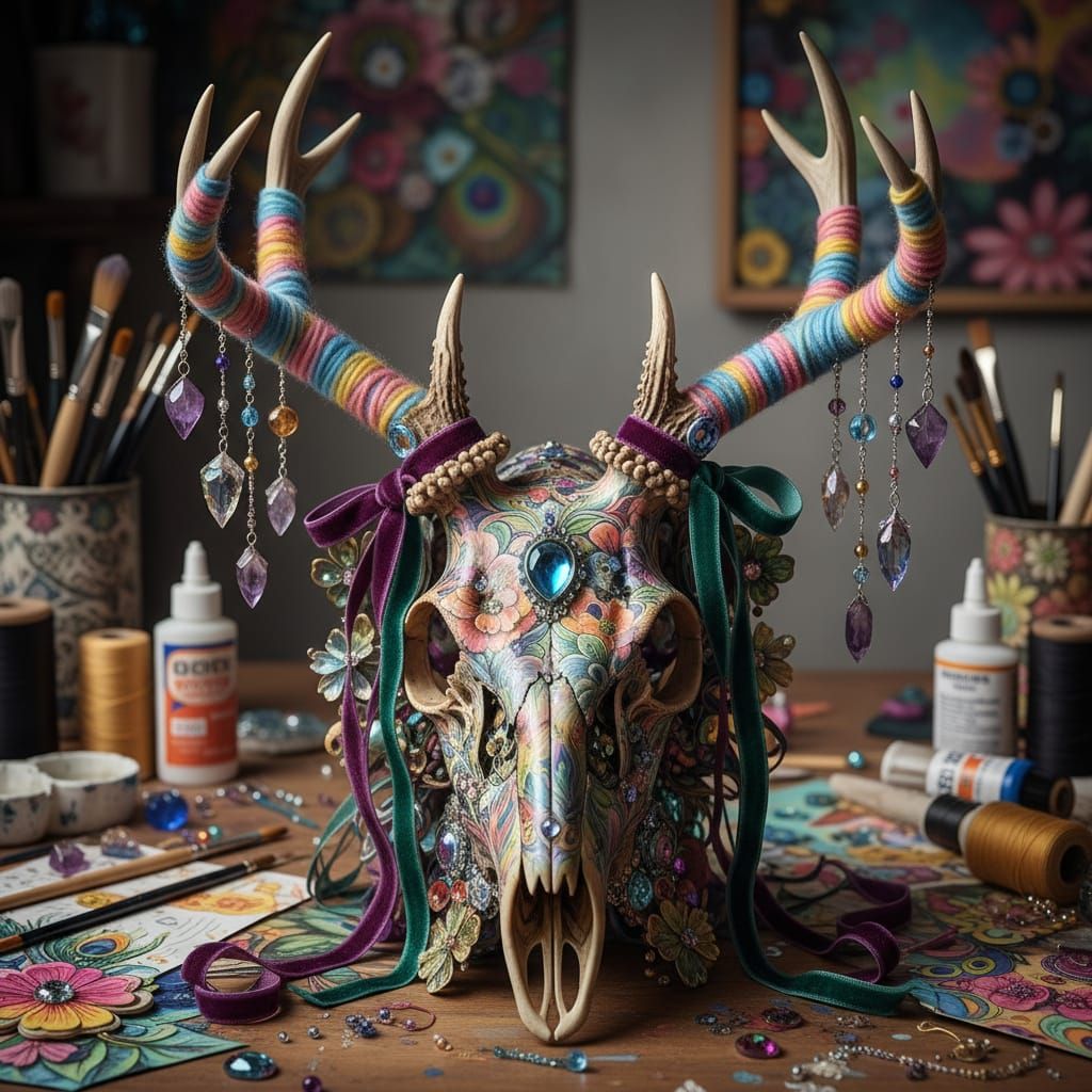 Visionary Deer Skull Assemblage with Floral Decoupage