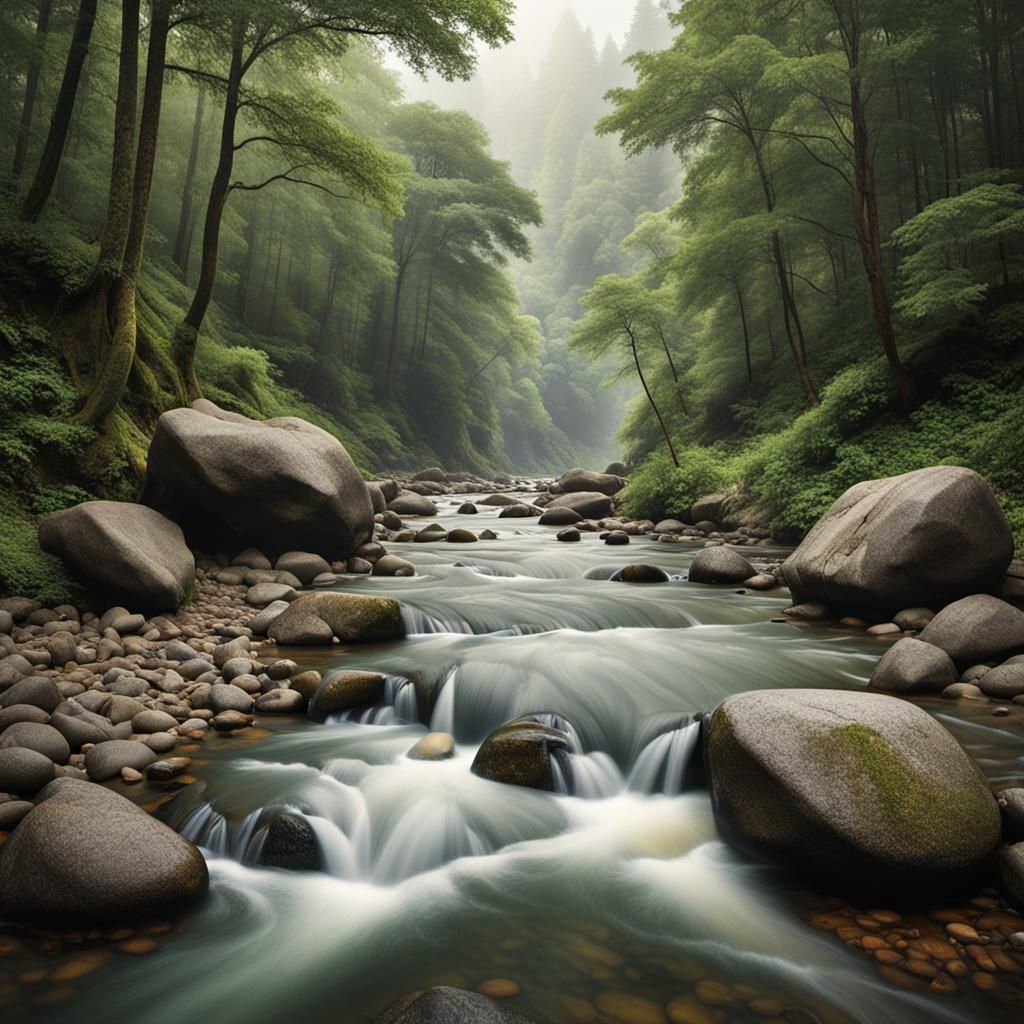 Hyper-Realistic River Flowing Through Deep Forest
