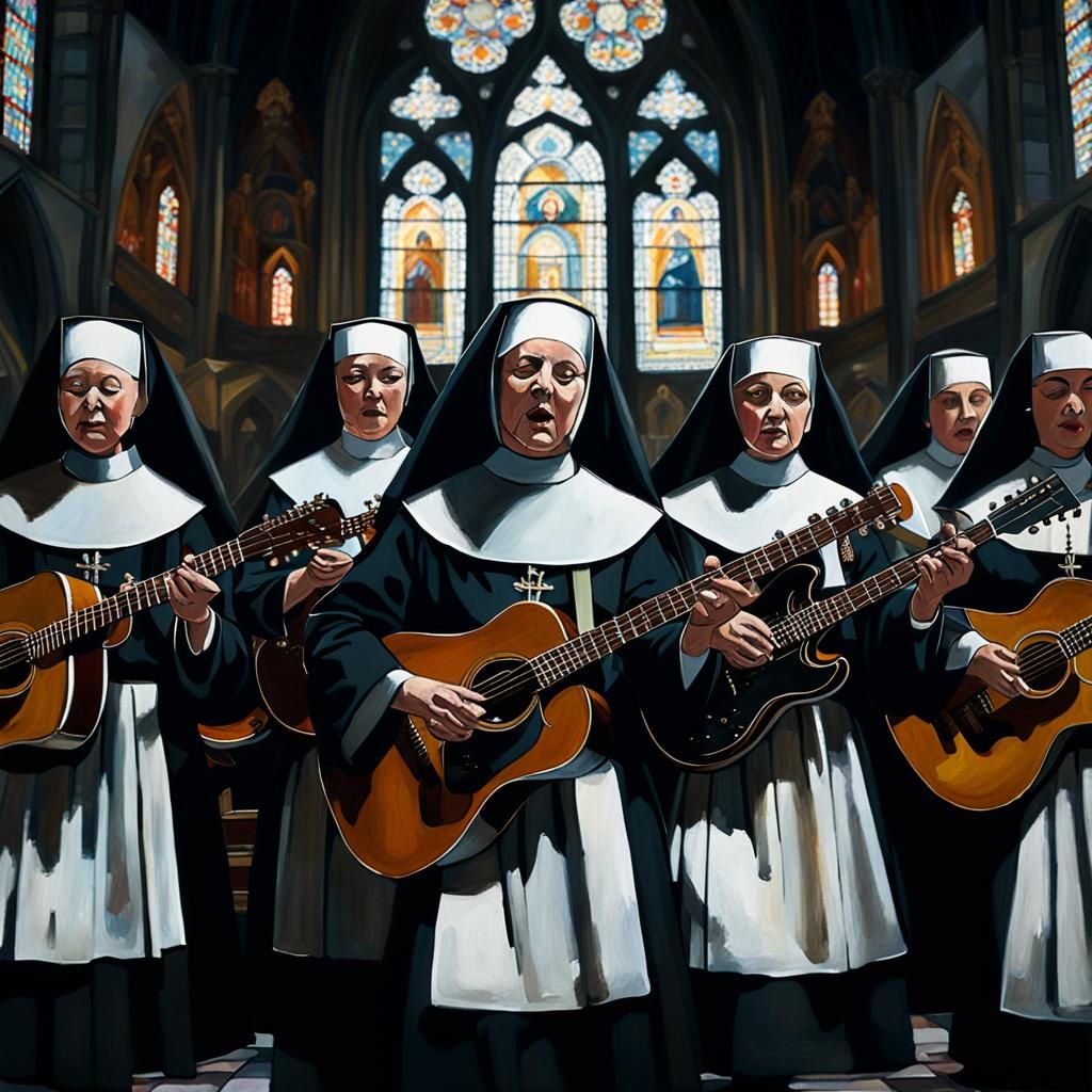 Nuns Rocking Out in Church: An Impressionist Gouache Paintin...