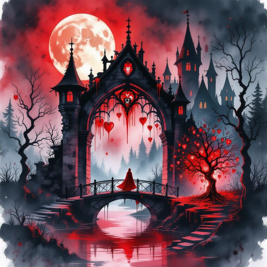 Macabre Christmas Scene in Crimson Light