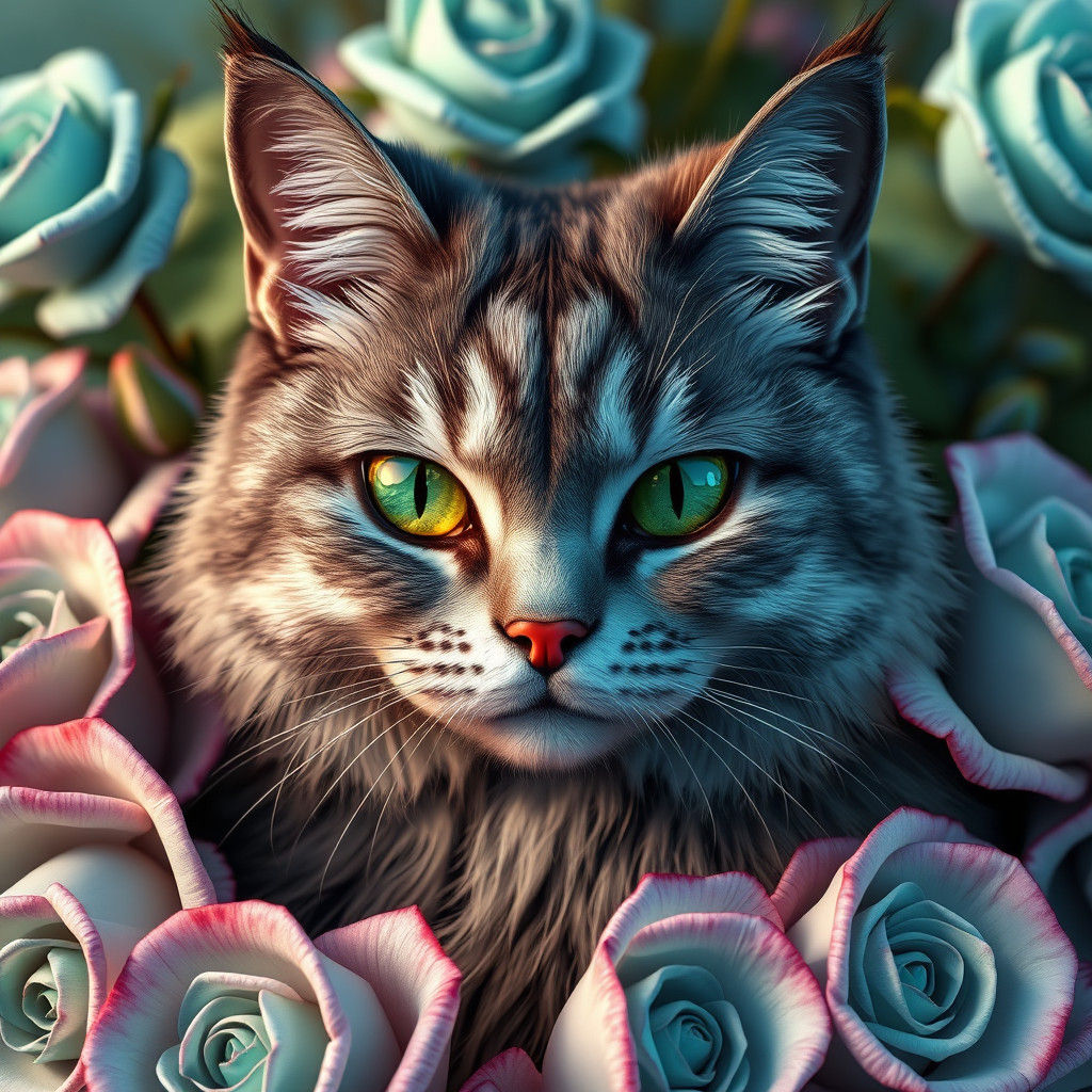 Majestic Grey Cat with Emerald Eyes in Fantasy Realm