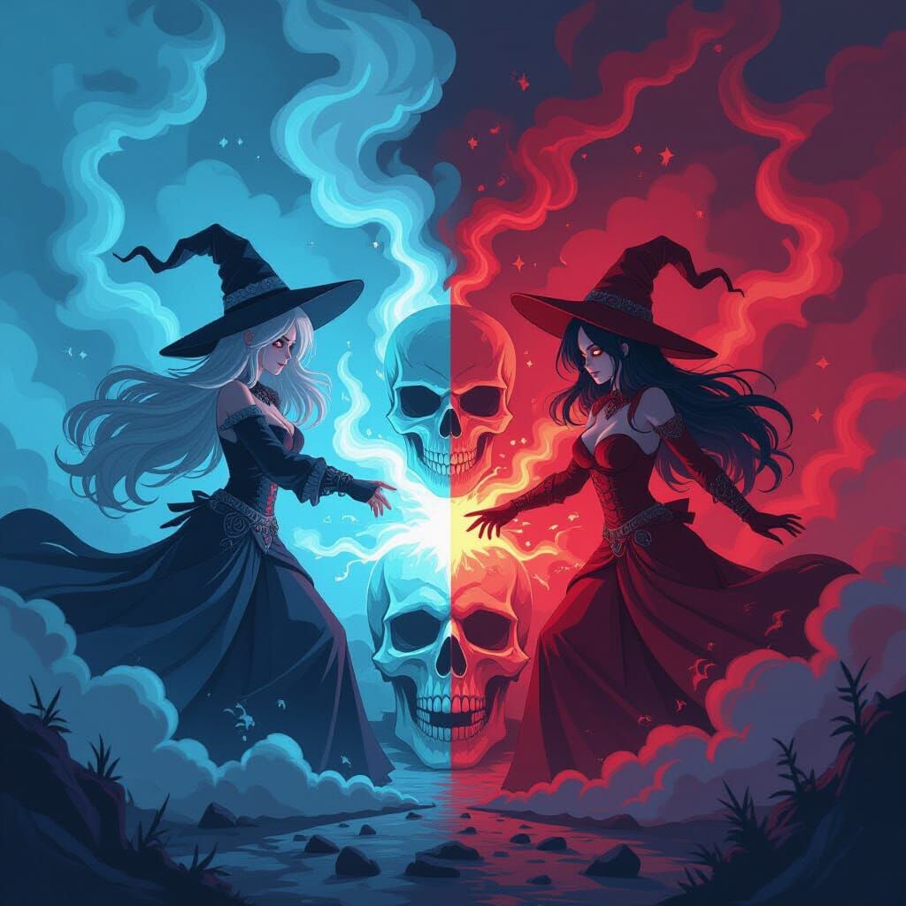 Witches vs Zombies with Pixel Lines in Anime Style