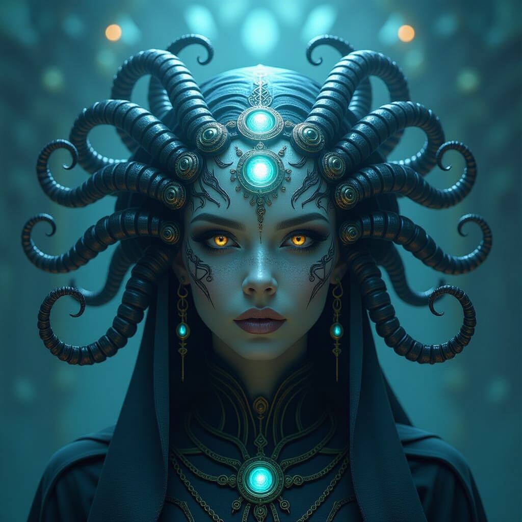 Mystical Beholder with Glowing Runes in Ethereal Style