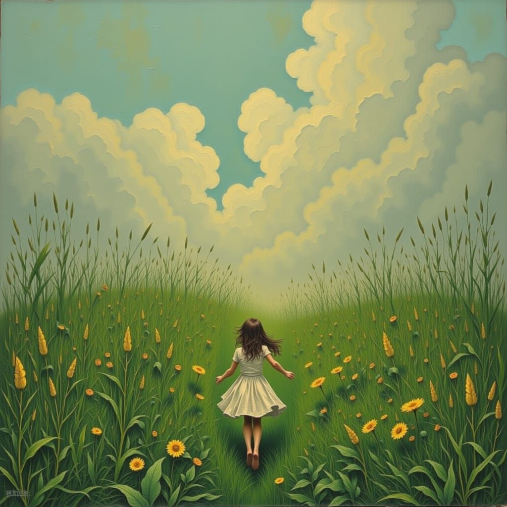 Barefoot Figure Running Through Grass in Dreamlike Style