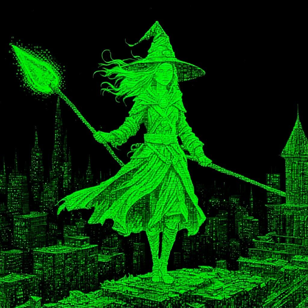 Witch in Digital World Made of Binary Code