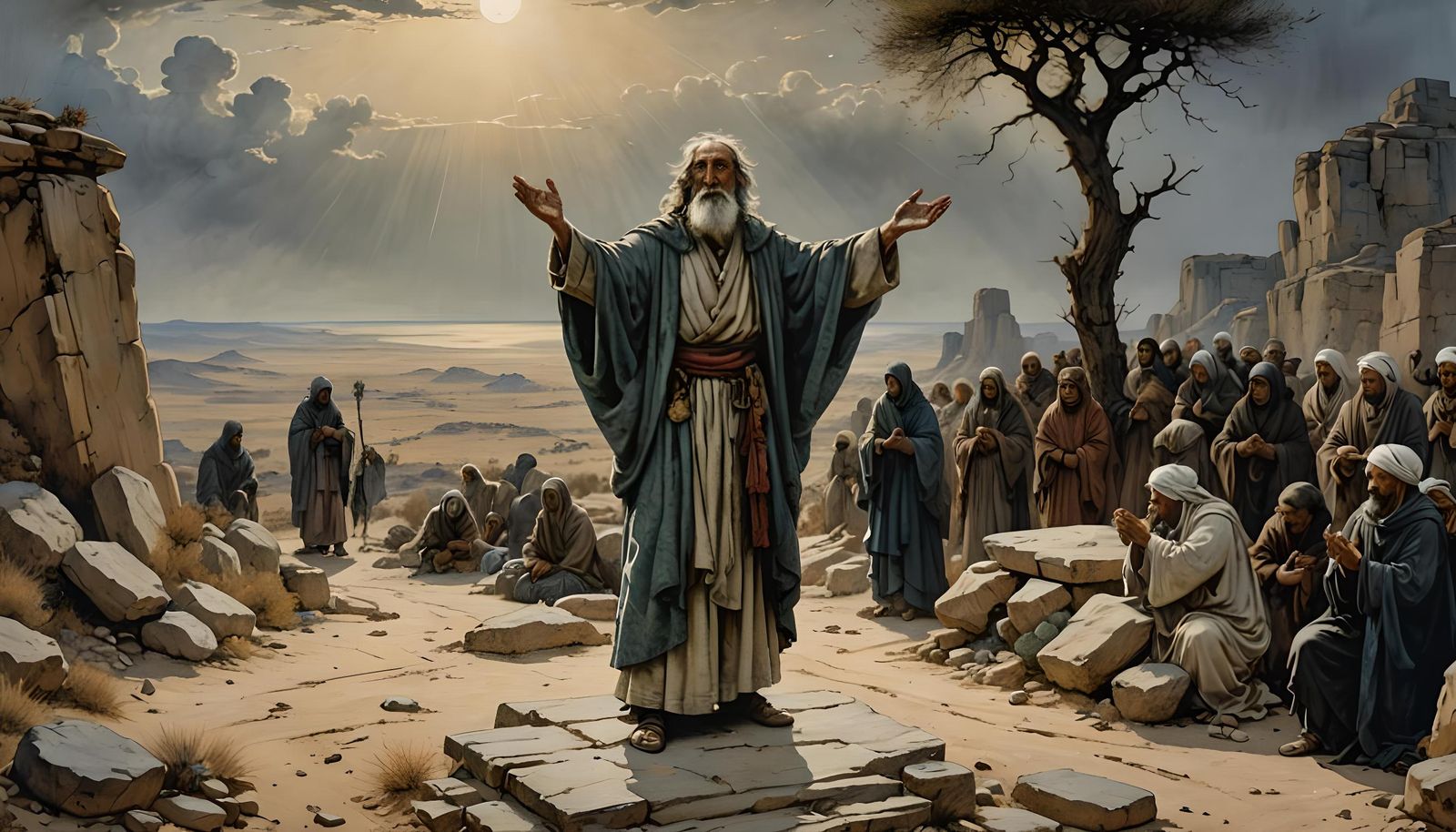 Desert Prophet Praying: Arthur Rackham Style