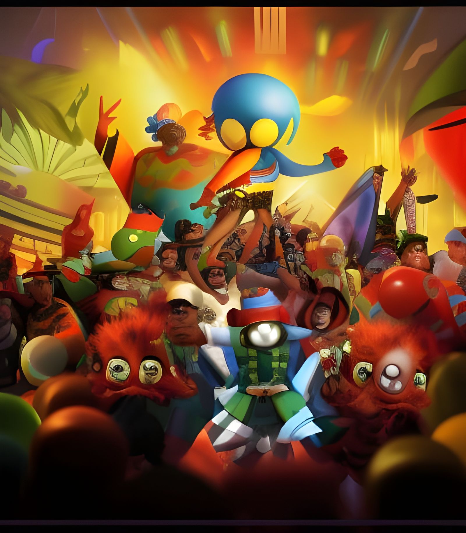 Cartoon Artists' Party in Oil Painting Style