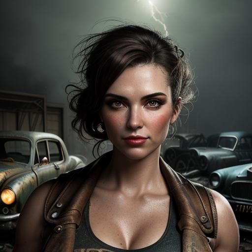 Steampunk Mechanic Girl in Garage at Twilight