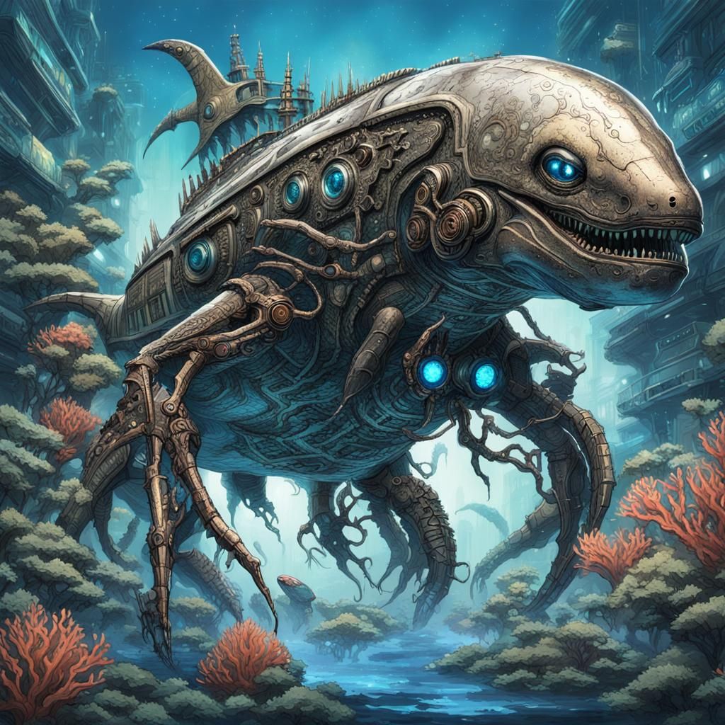 kraken orca based kaiju with corroded biomechanical elements...