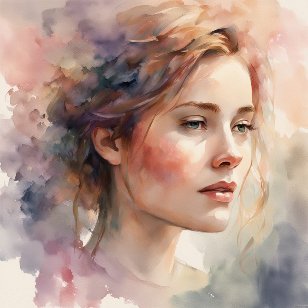 Serene Watercolor Portrait of a Gentle Woman
