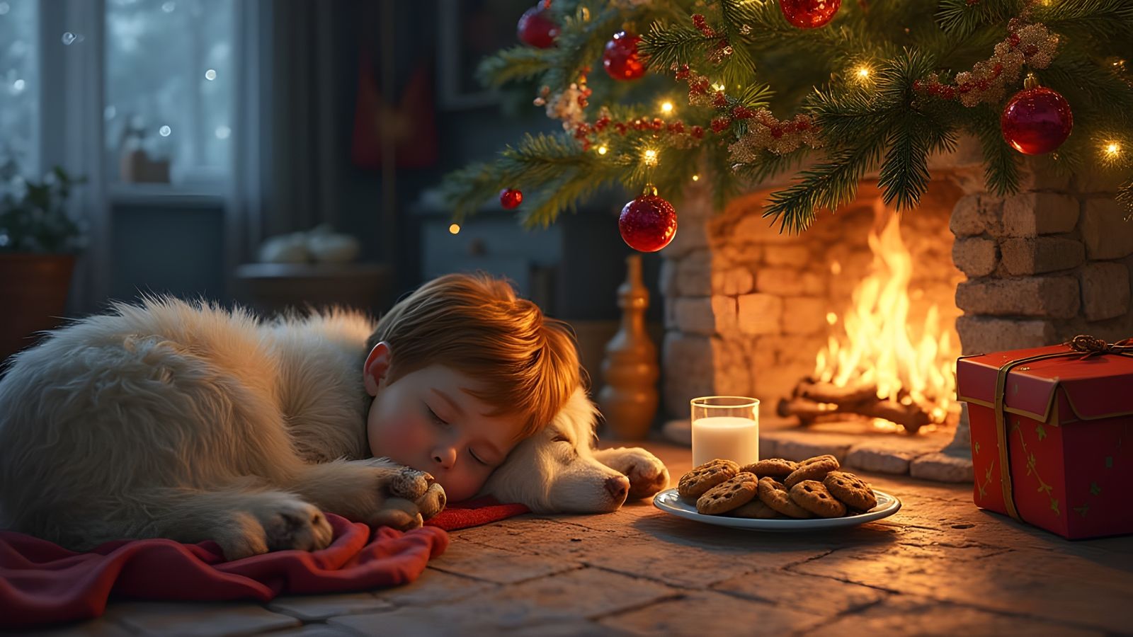 Magical Christmas Eve Scene of Boy, Dog, and Tree