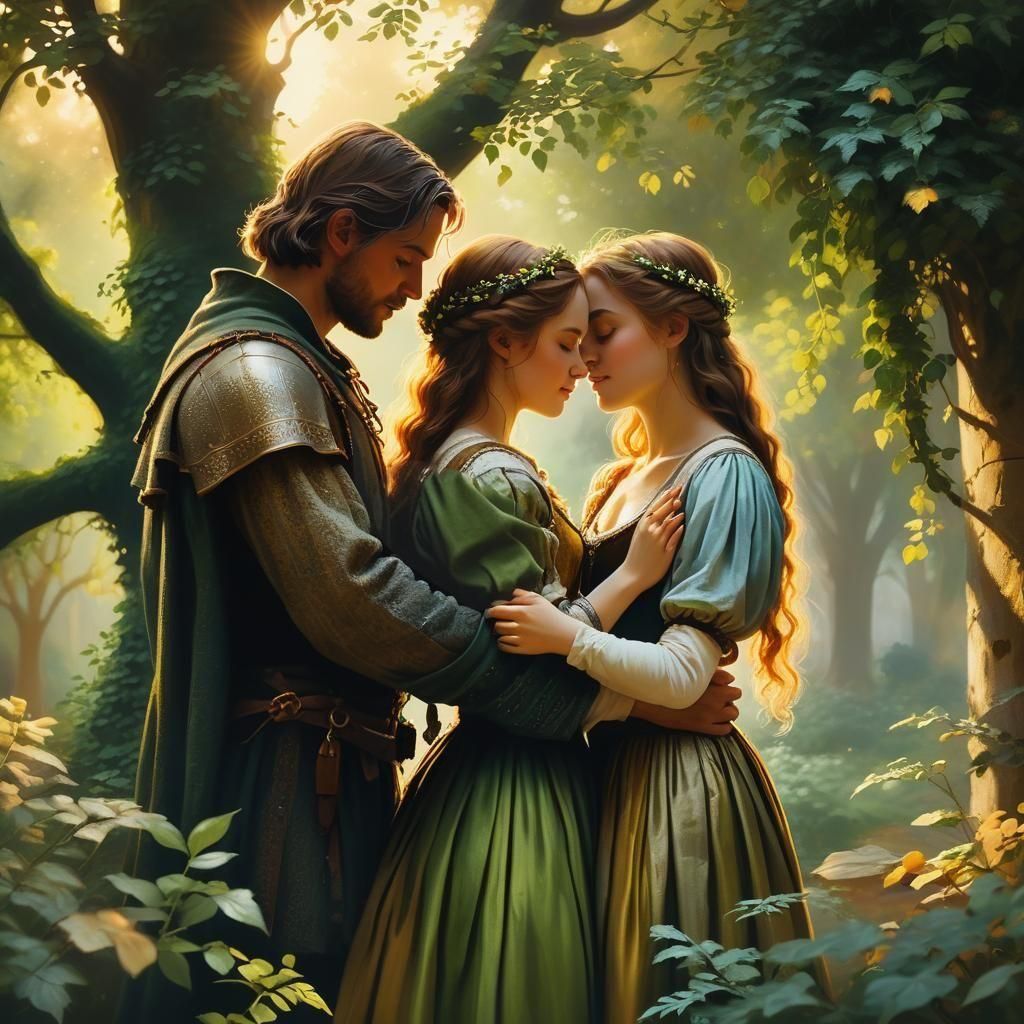 Medieval Lovers Embrace in Hedge Maze