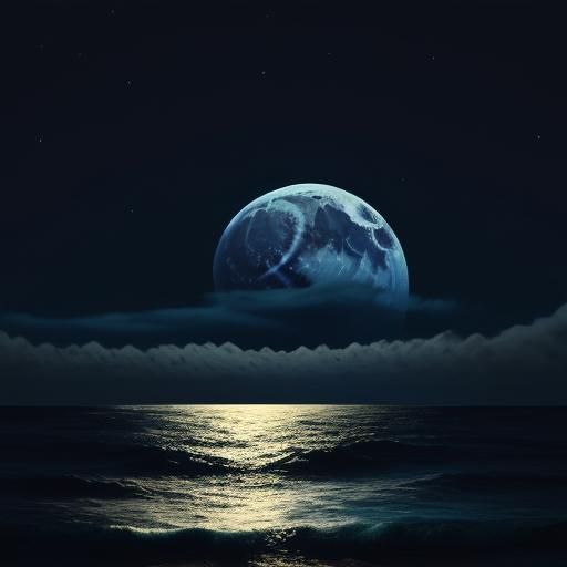 Pixel art style landscape of the ocean at night. The October moon above shinning on the ocean. Stars above shinning in a...