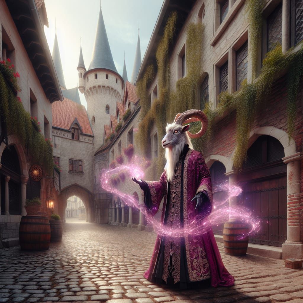 Goat Wizard in Medieval Courtyard Scene
