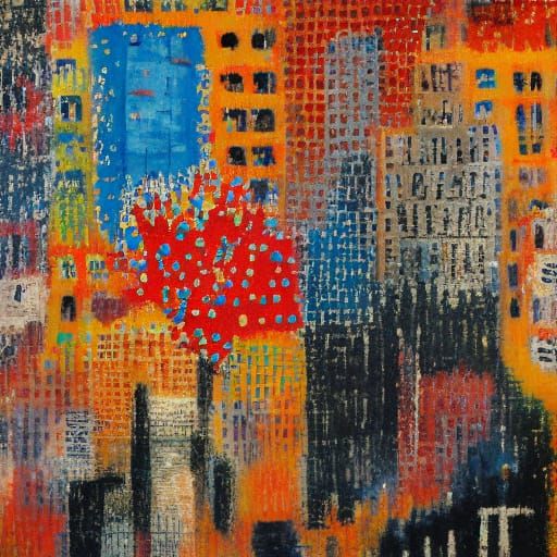 Detroit Urban Scene in Pointillist Style