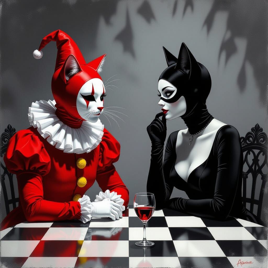 Surreal Monochrome Masquerade: Cat in Clown Costume