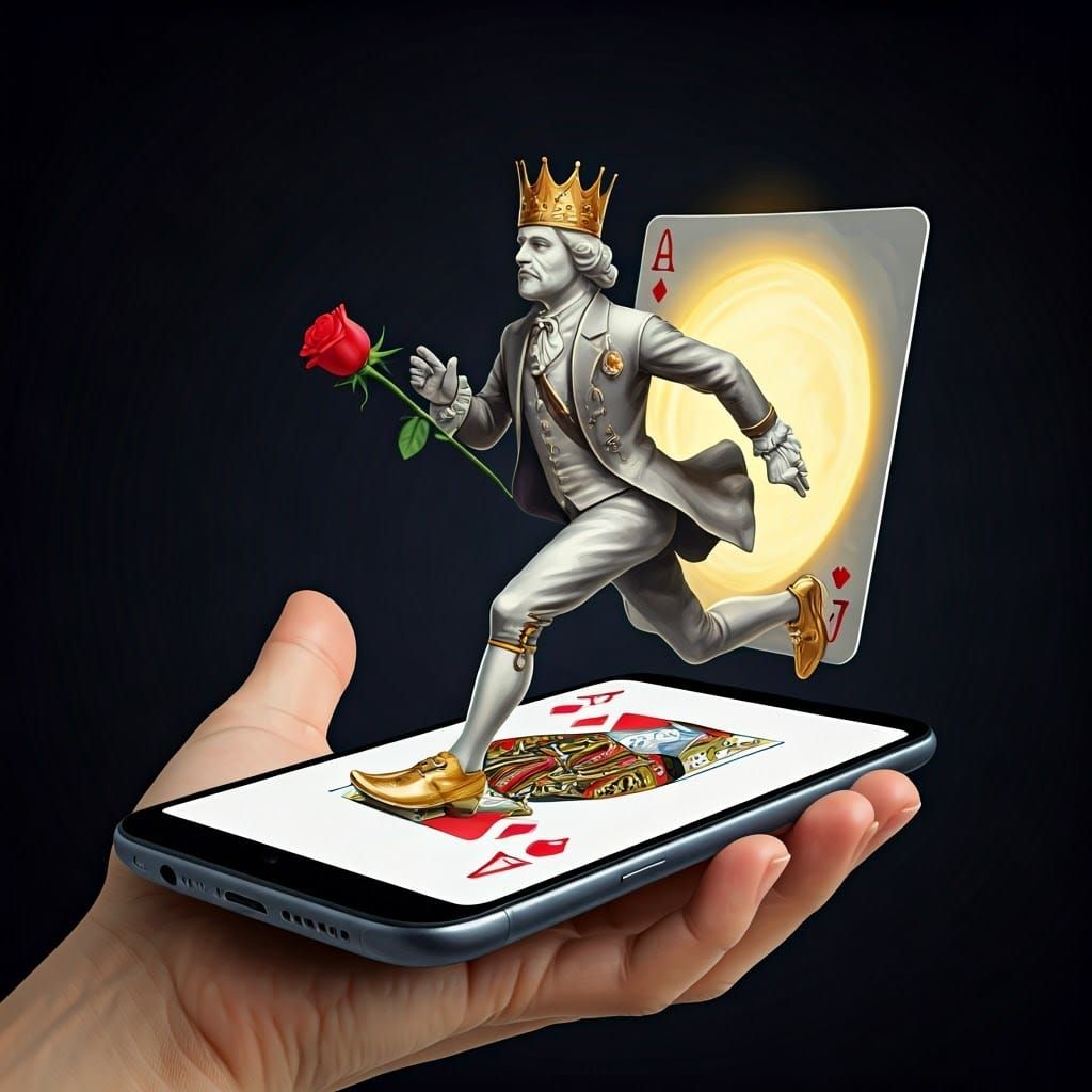 Surreal Scene of Tiny King Breaking Free from Playing Card