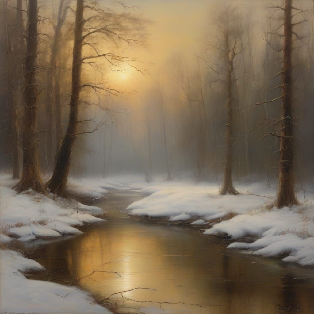Maine Creek in Winter: A Bierstadt-Inspired Oil Painting