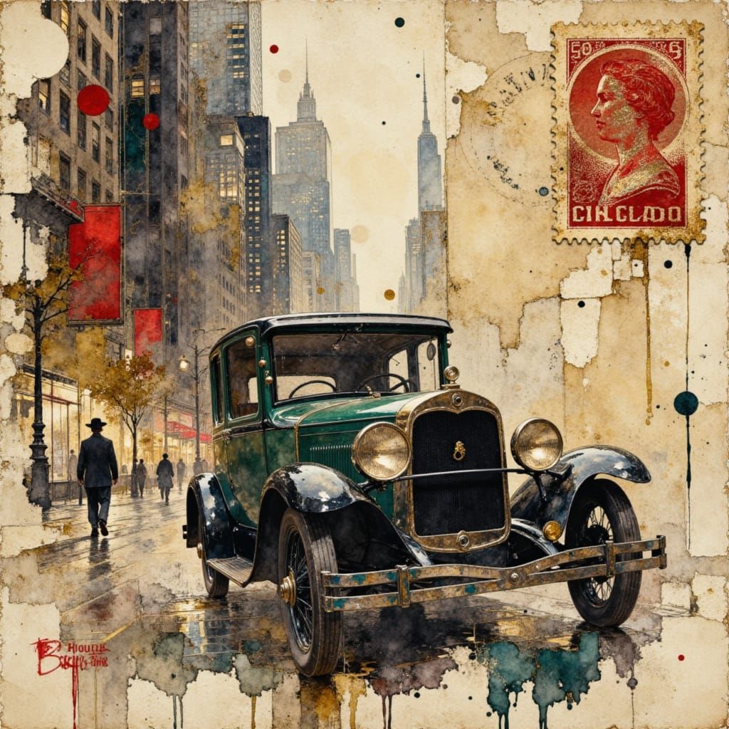 Art Deco Chicago 1930s Car Watercolor Postcard