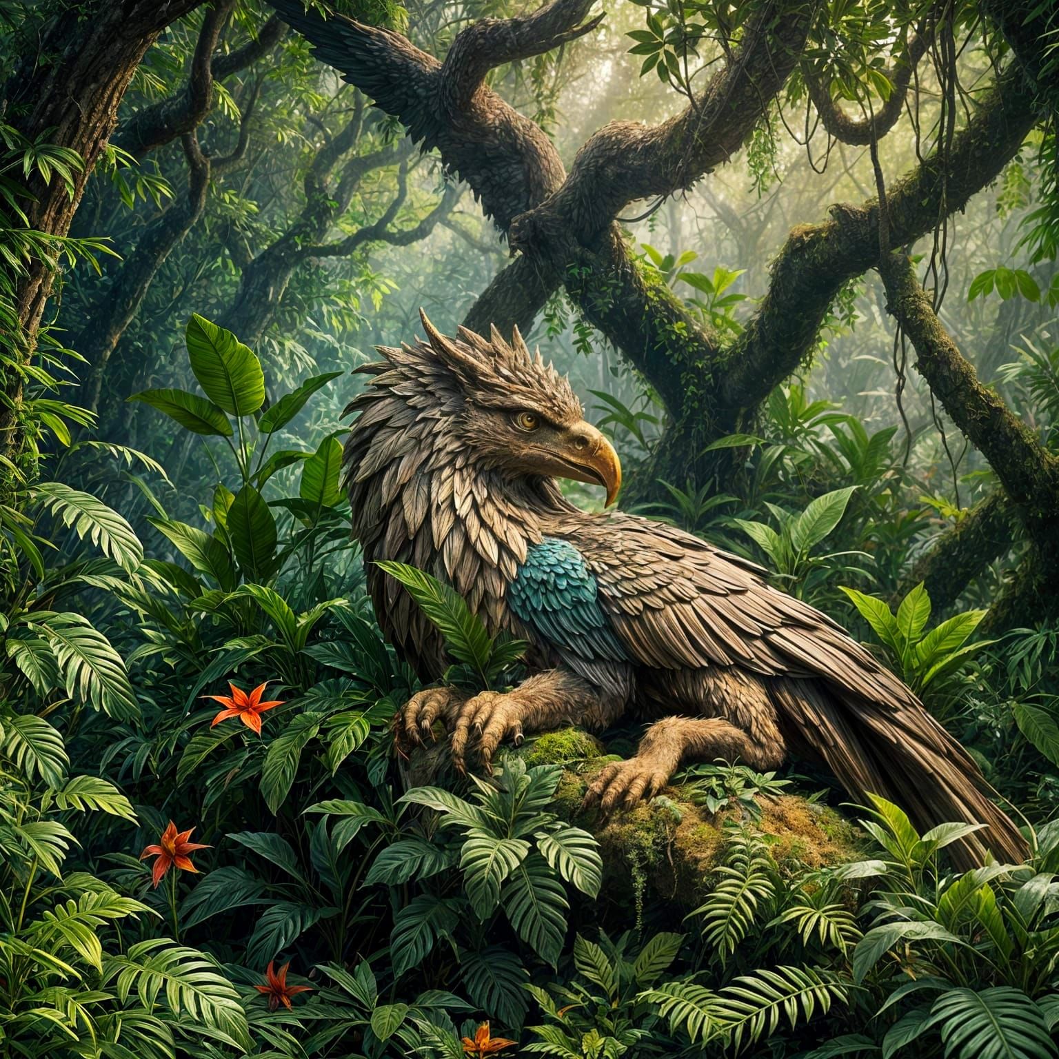 Griffin Asleep in Jungle: Digital Art