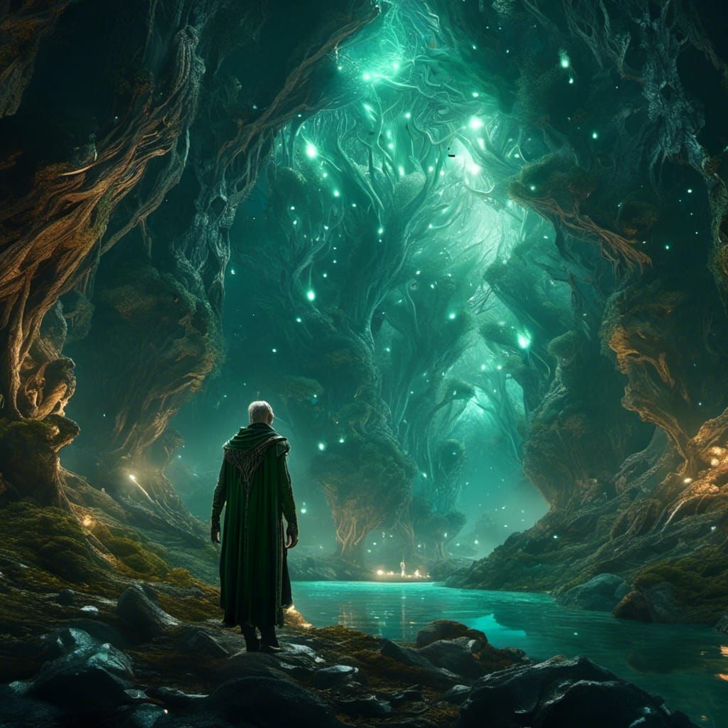 Elven Mage Channeling Starlight Tree in Celestial Cavern