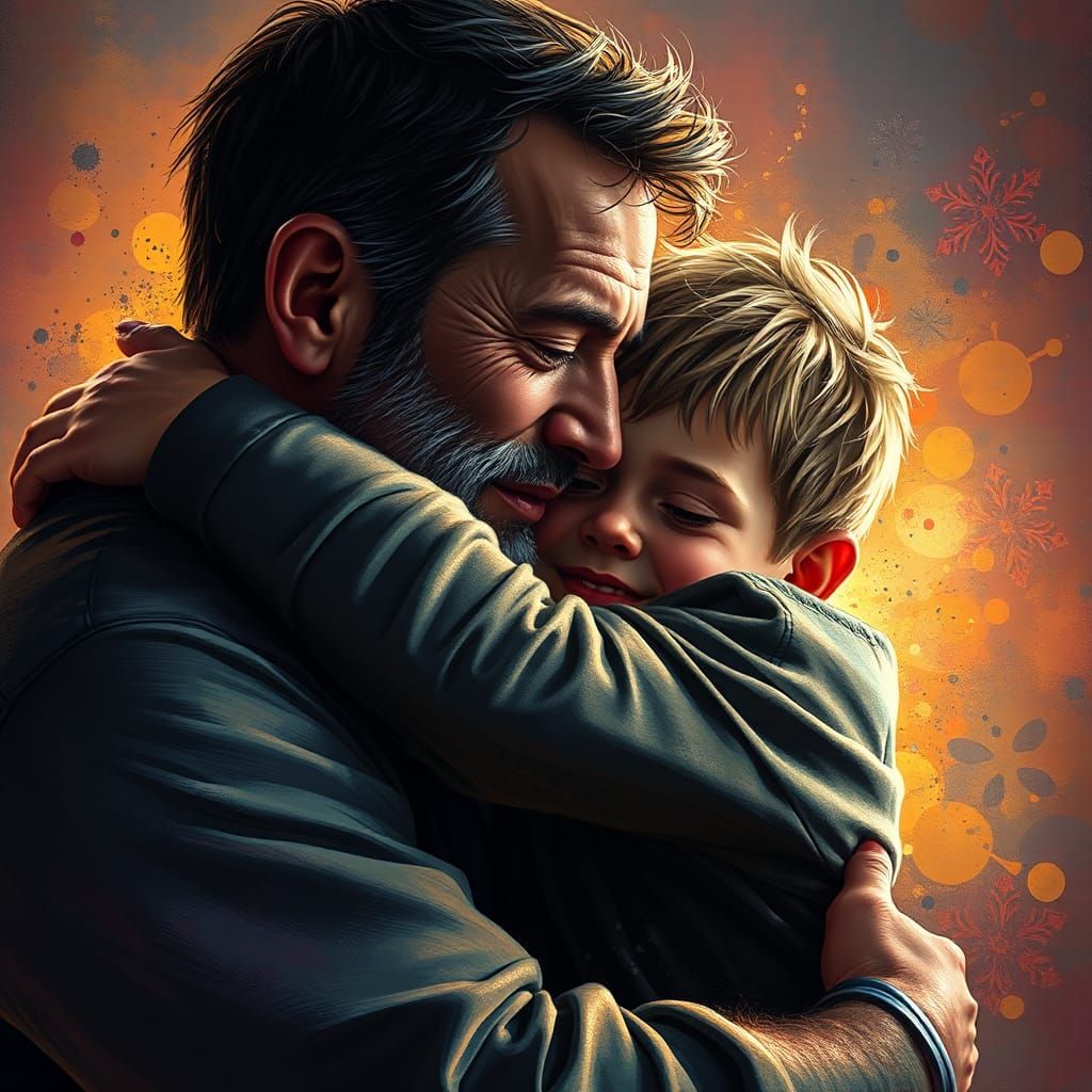Emotional Homecoming: Son Hugs Father, Hyperrealistic Art