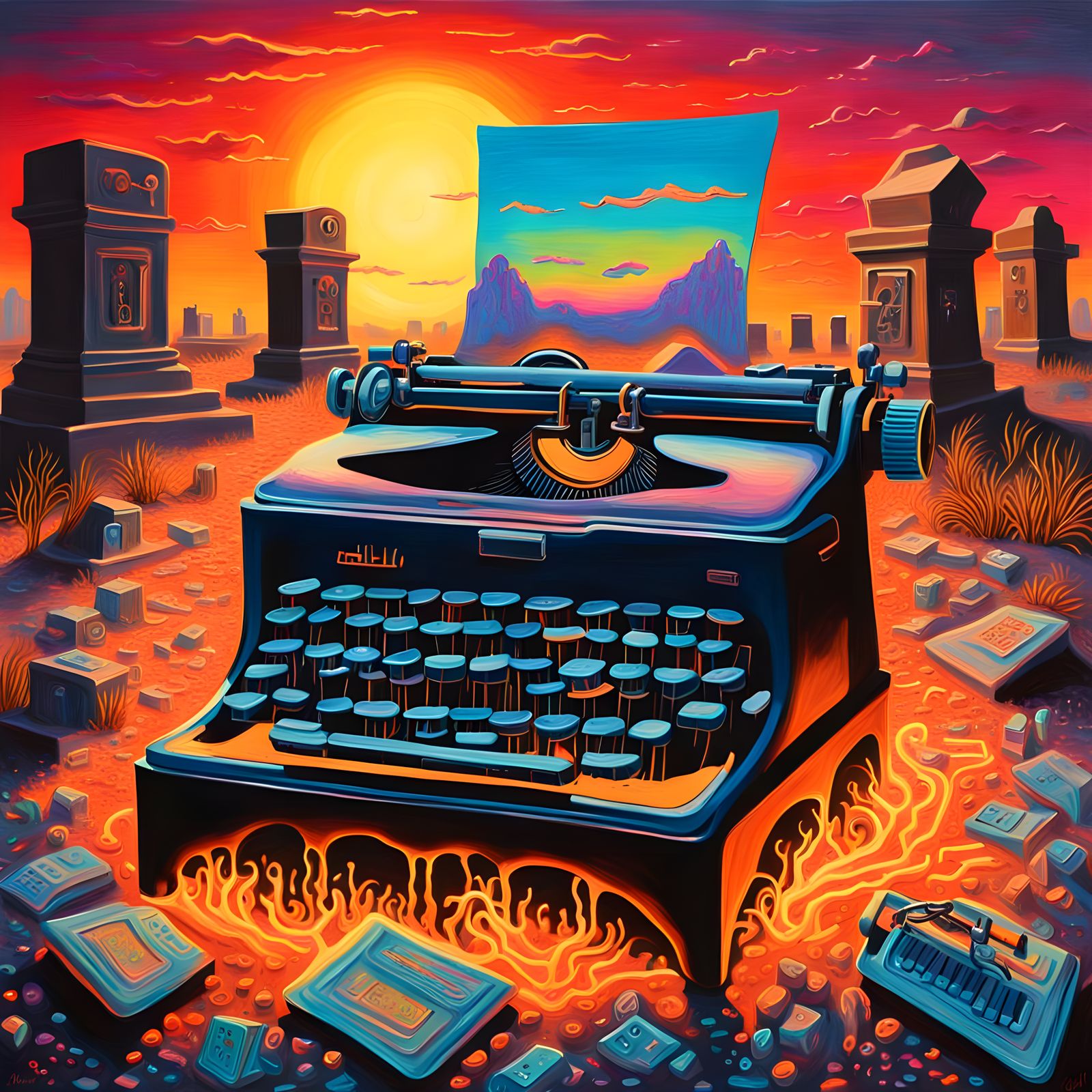 Psychedelic Typewriter Awakens in Graveyard at Sunset