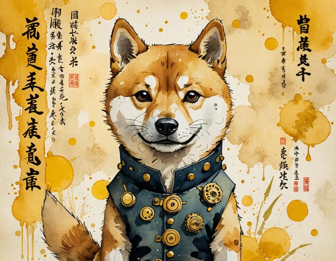 Steampunk Shiba Inu Portrait in Watercolor Style