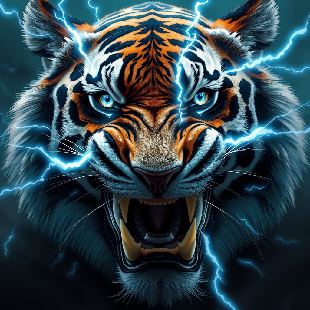 Majestic Saber-Toothed Tiger with Electric Blue Fangs