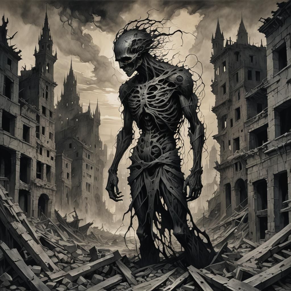 Dark Fantasy Figure in Ruined City, Ink Wash Painting