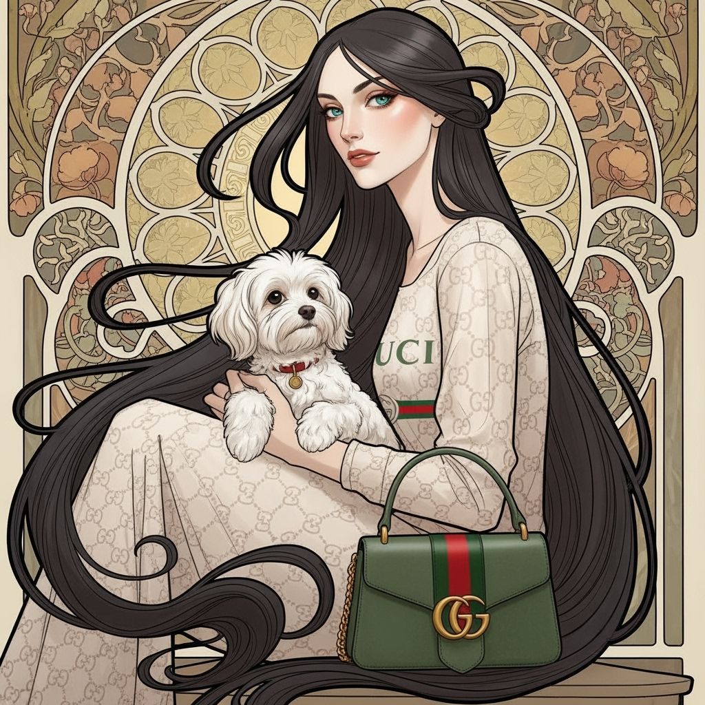 Elegant Woman with Dog in Art Nouveau Style