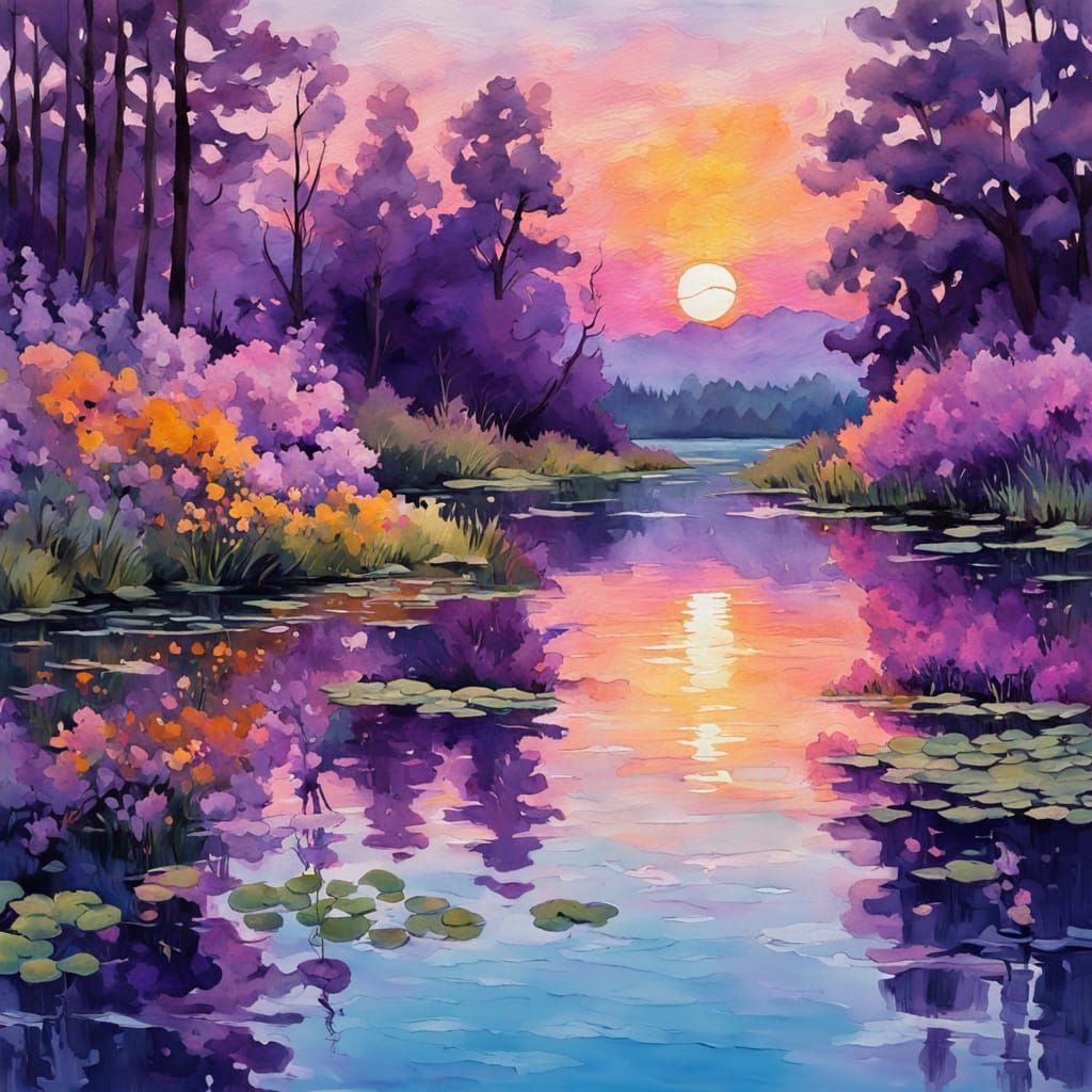 Tranquil Lake at Sunset Watercolor Painting