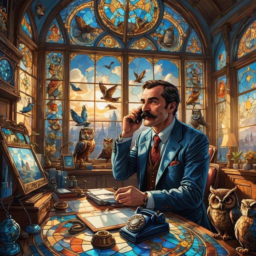 Man on Phone with Owls, Digital Painting