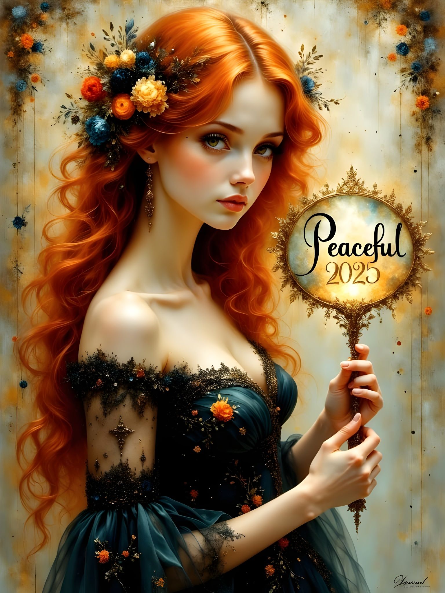 Ethereal Fairy-like Beauty in Radiant Gown Holding Peace Sig...