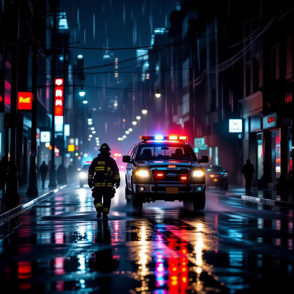 Neo-Noir Firefighter in Rain-Soaked City Street