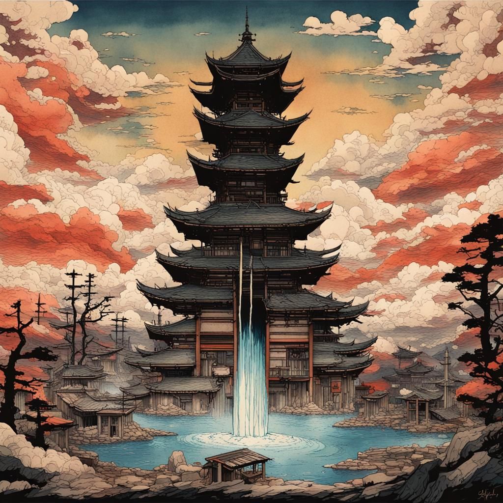 Dystopian Gothic Skyscape in Ukiyo-e Style