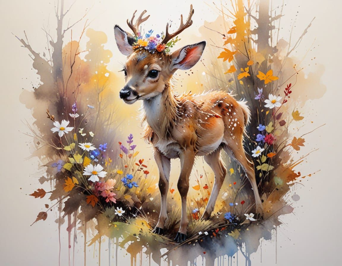 Adorable Fawn on Sunlit Autumn Forest Path