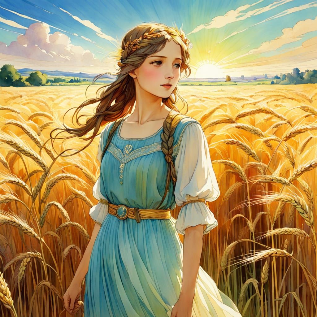 Luminous Watercolor Wheat Field in Cartoon Style
