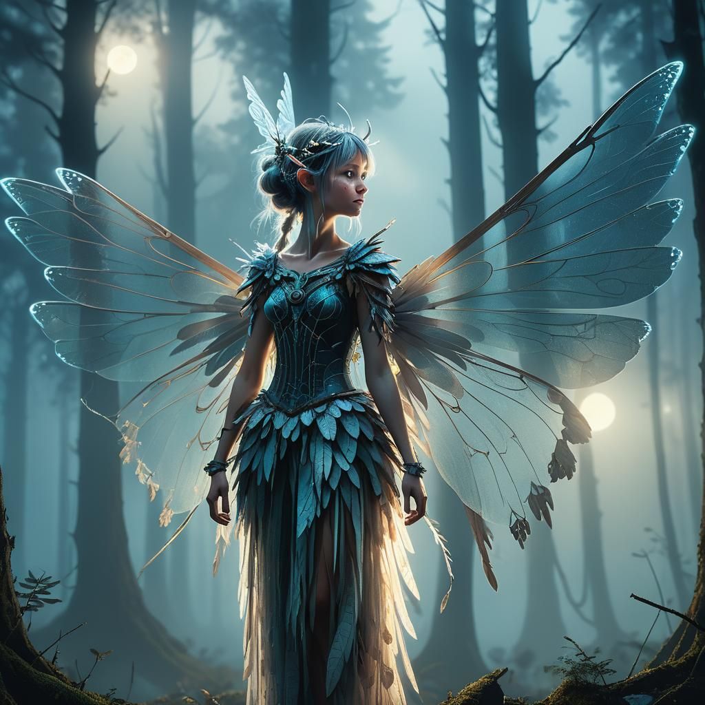 Mystical Fairy in Moonlit Forest, Digital Art