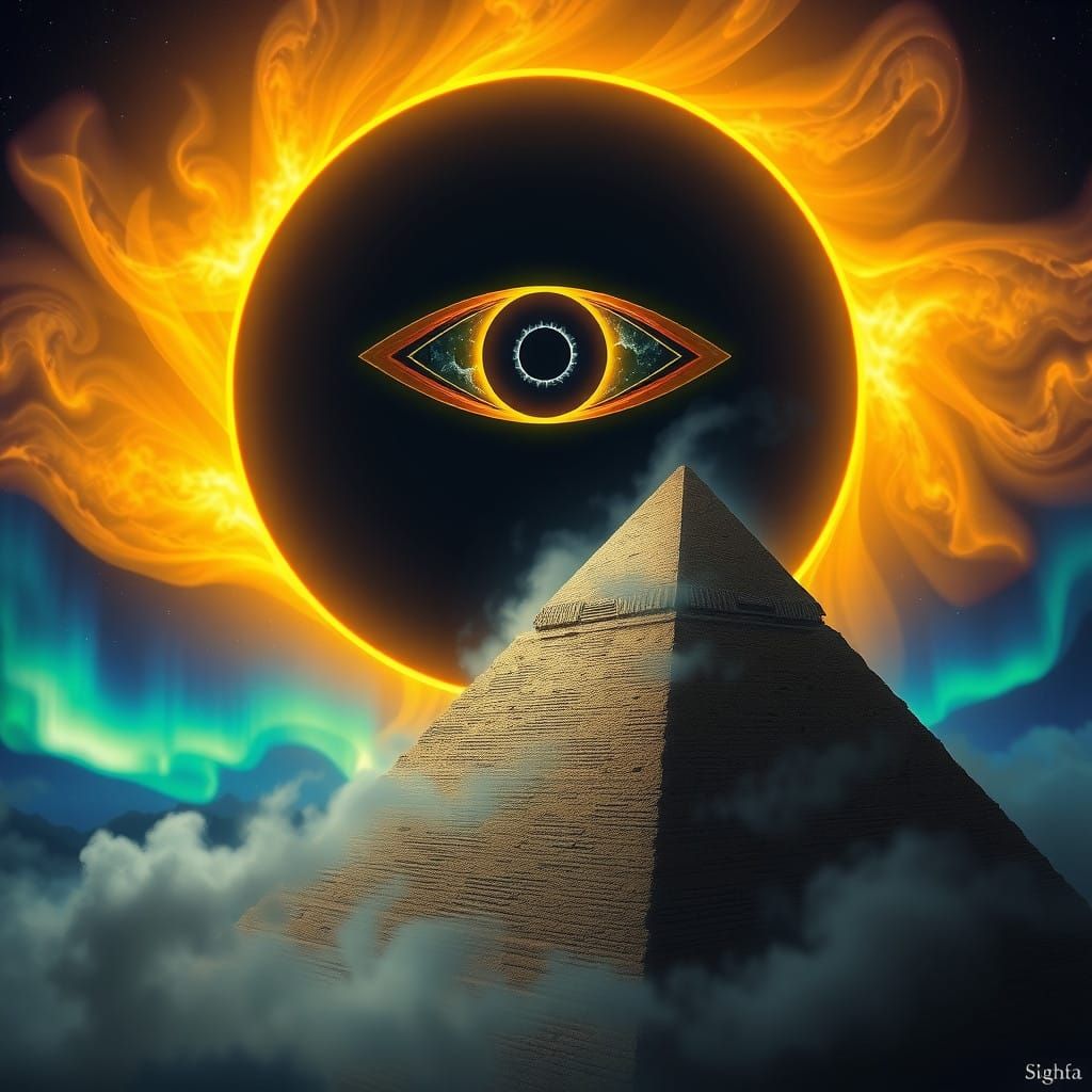 Ethereal Pyramid Under All-Seeing Eye Eclipse with Auroras