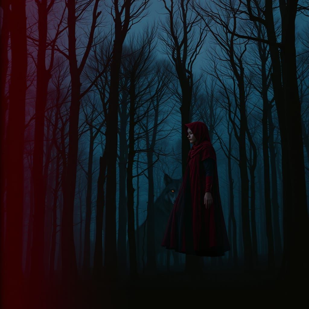 Red Riding Hood Double Exposure in Ancient Forest