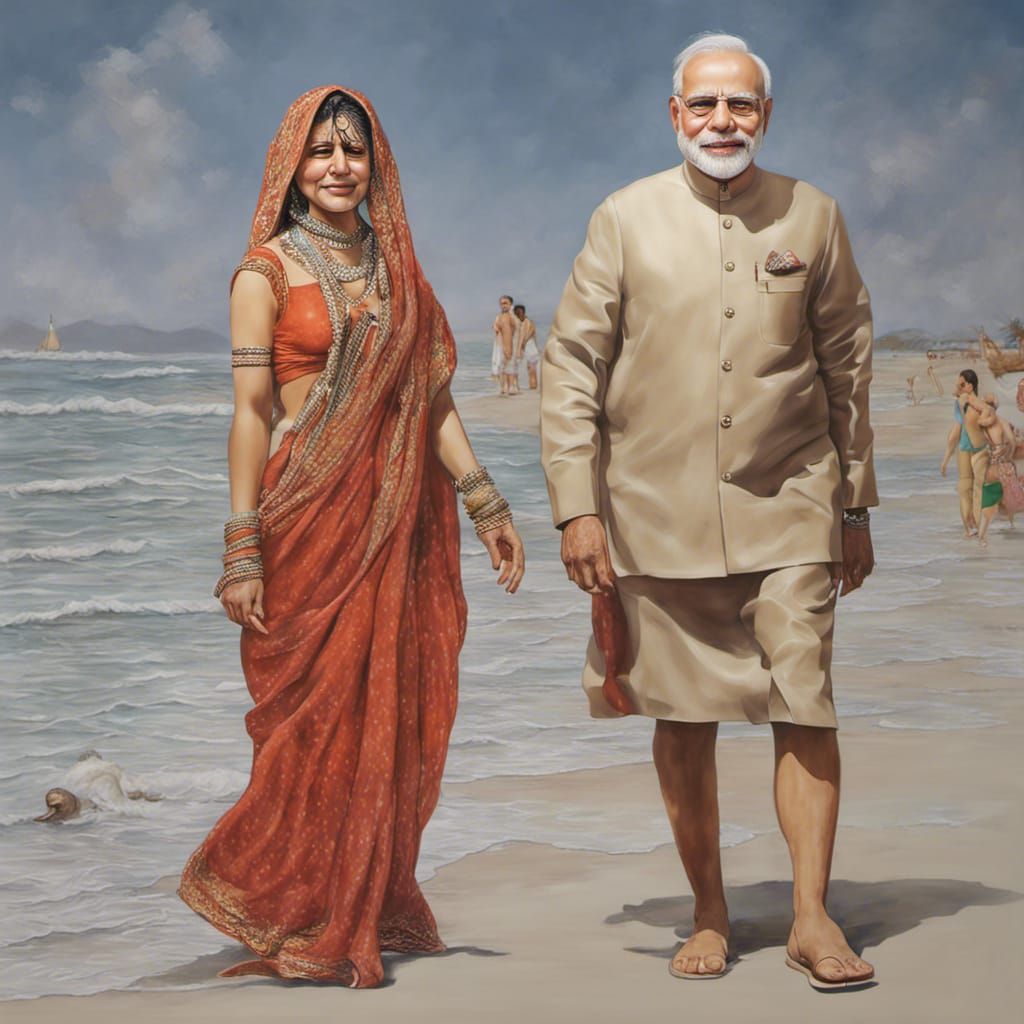 Hyperrealistic Narendra Modi on the Beach