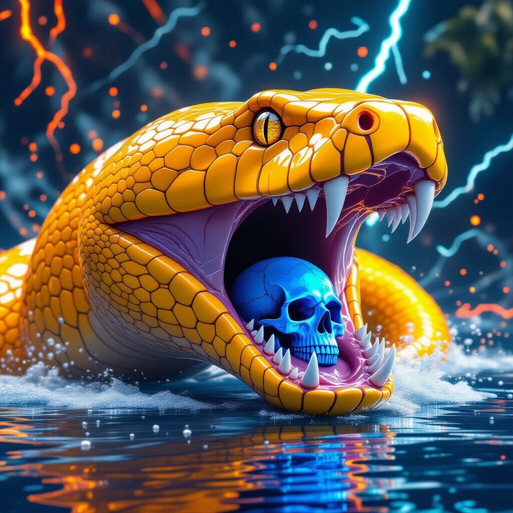 Giant Anaconda Encircling Skull in Futuristic Style