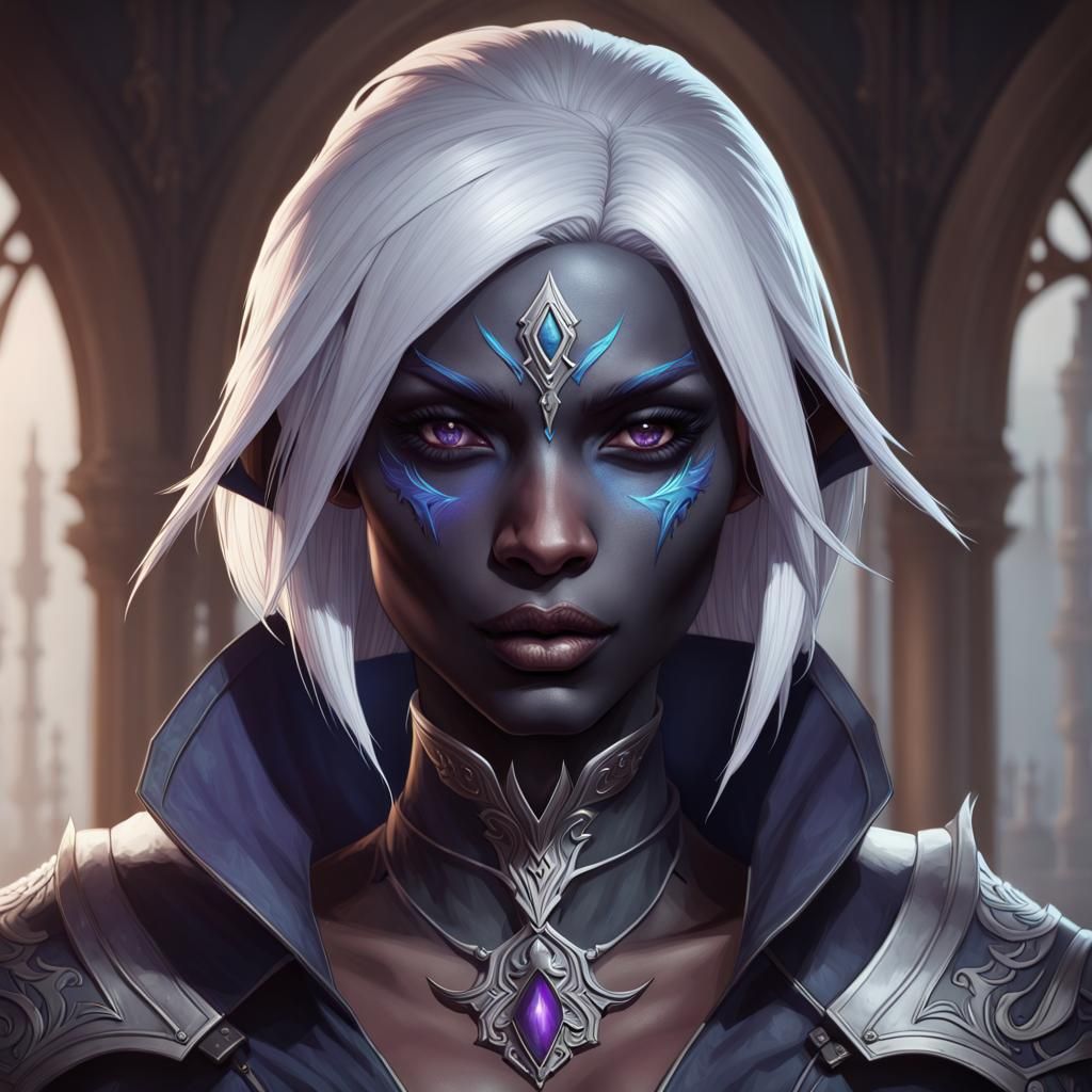 Drow Goth Assassin Portrait in Art Nouveau Style