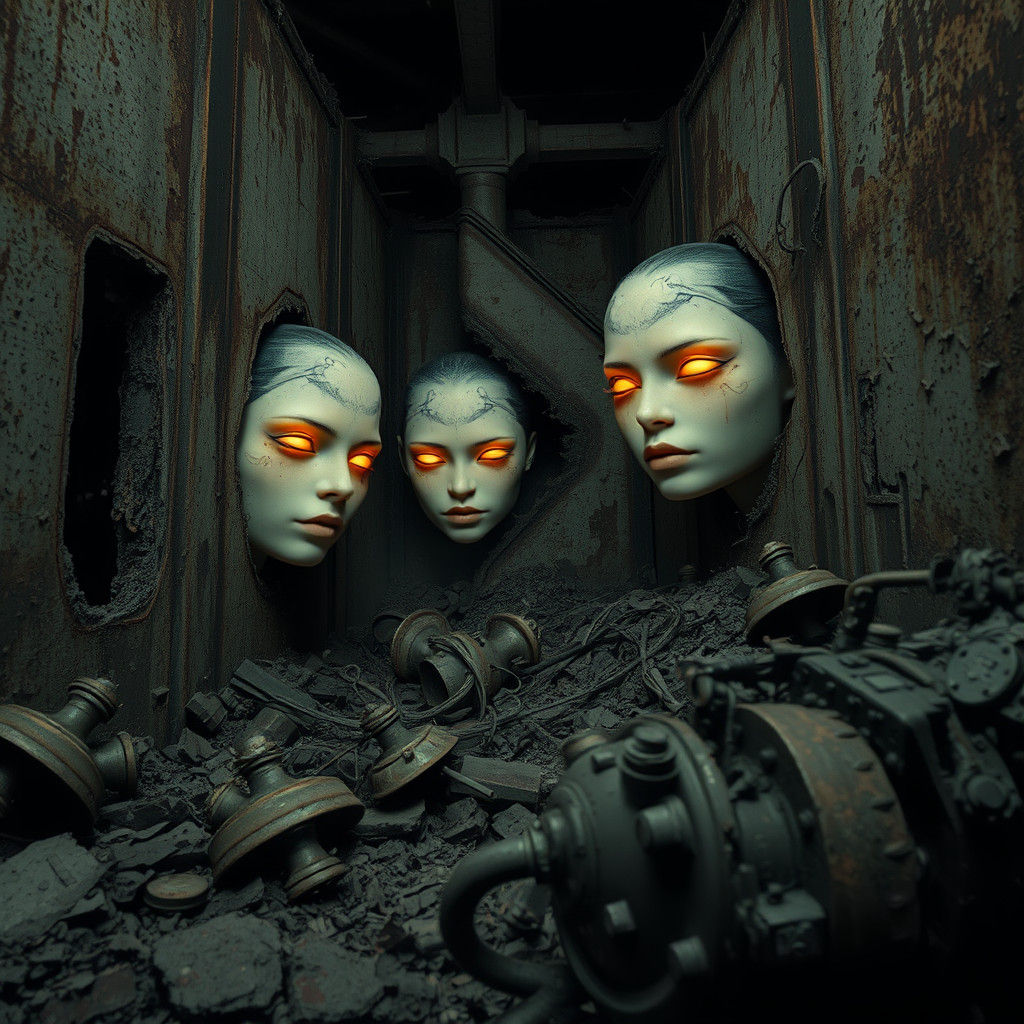 Ethereal Faces Emerge from Rusted Metal