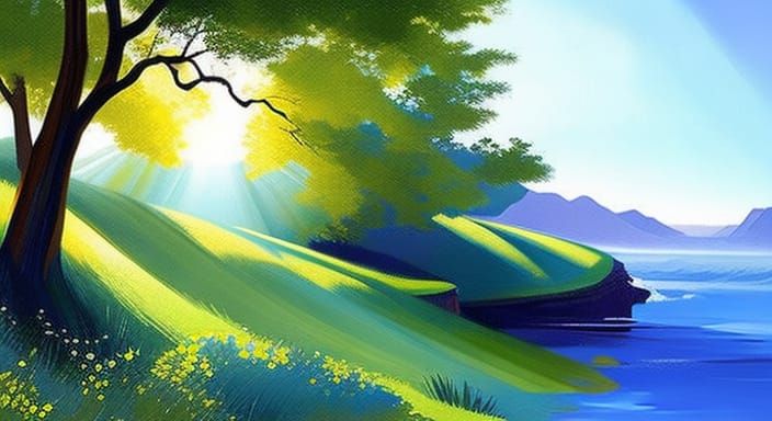 Sunrise Oil Painting with Easel and Sunbeams