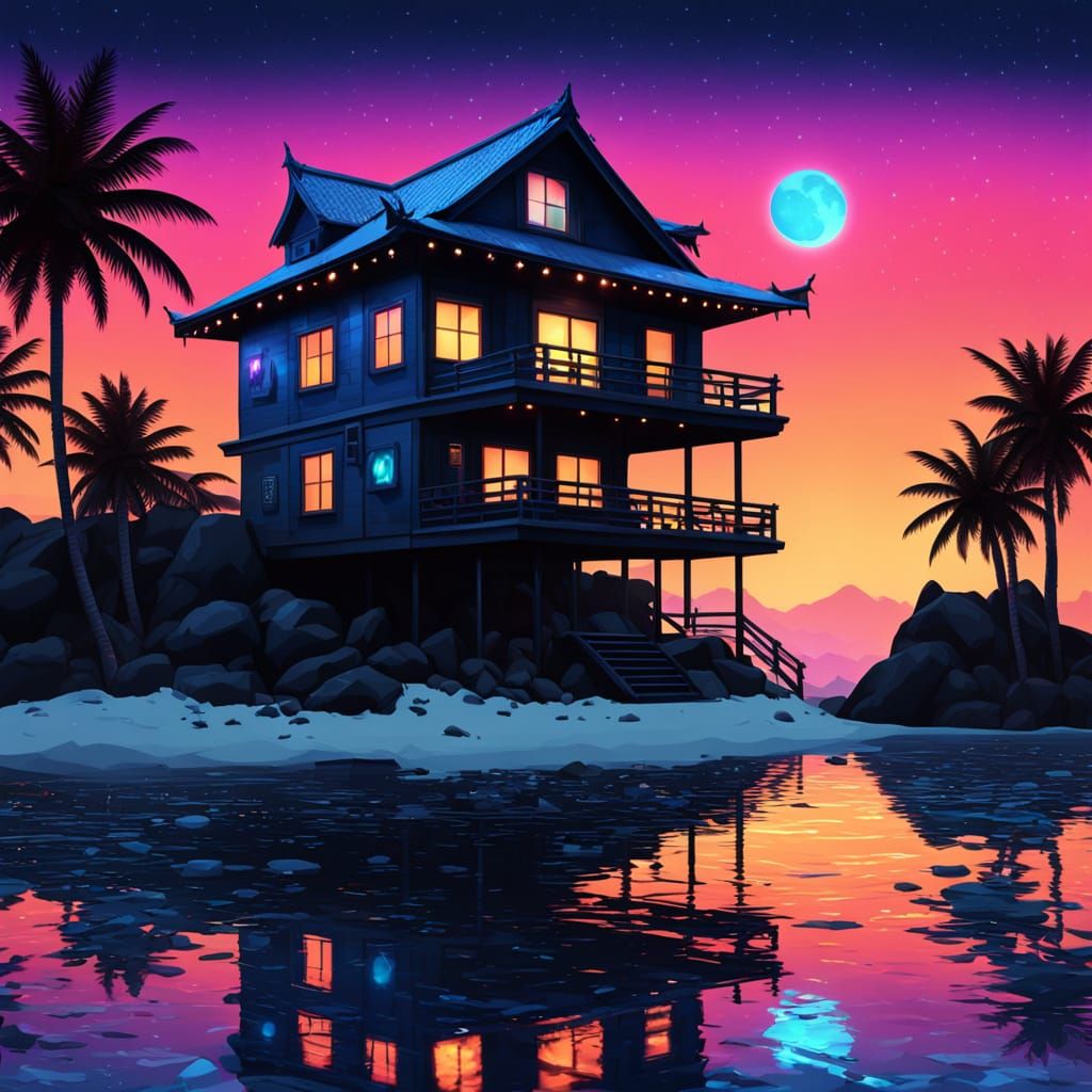 Epic Black Ukiyo-E Style Beach House Silhouette at Vivid Neo...