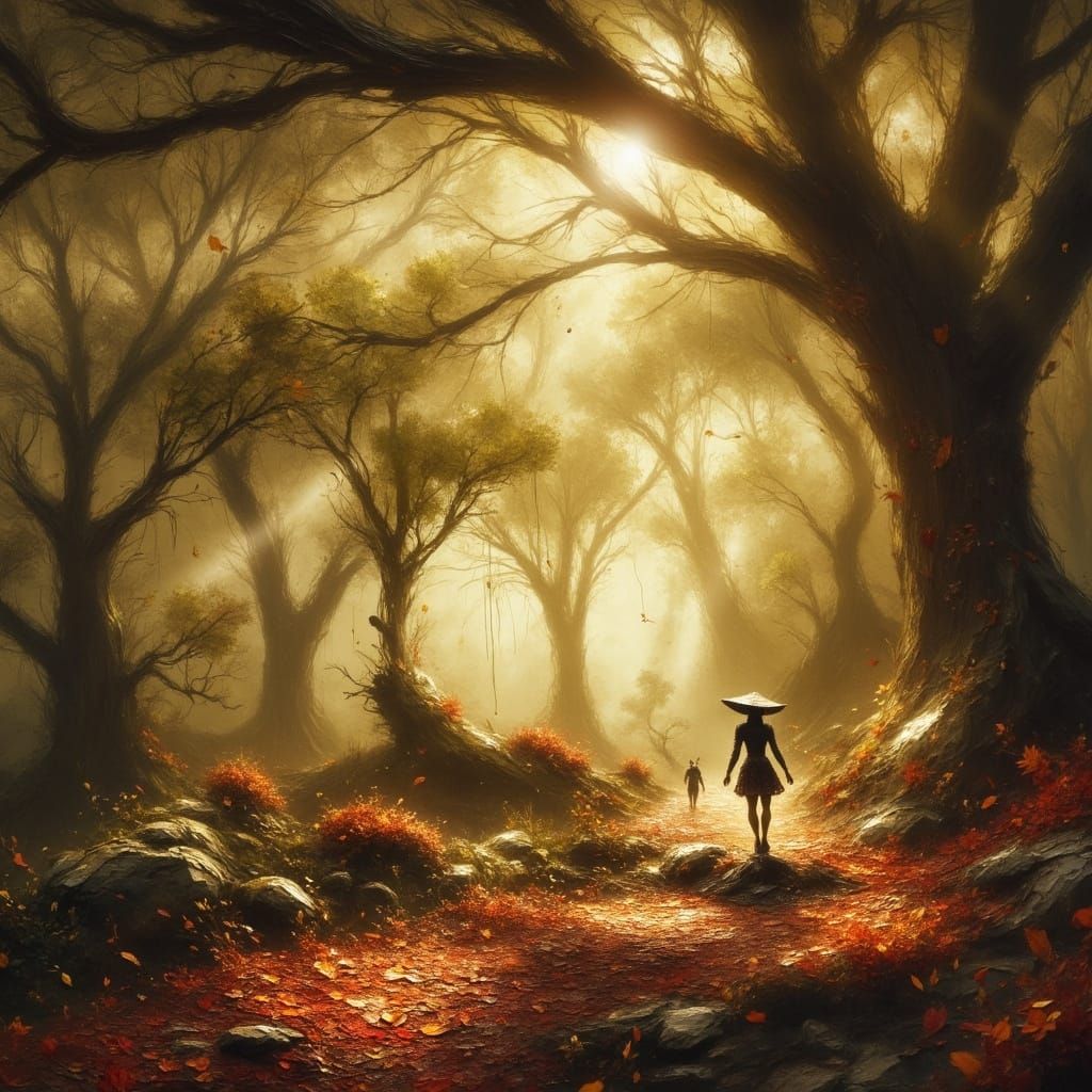 Woman in Autumn Forest, Whimsical Watercolor Style