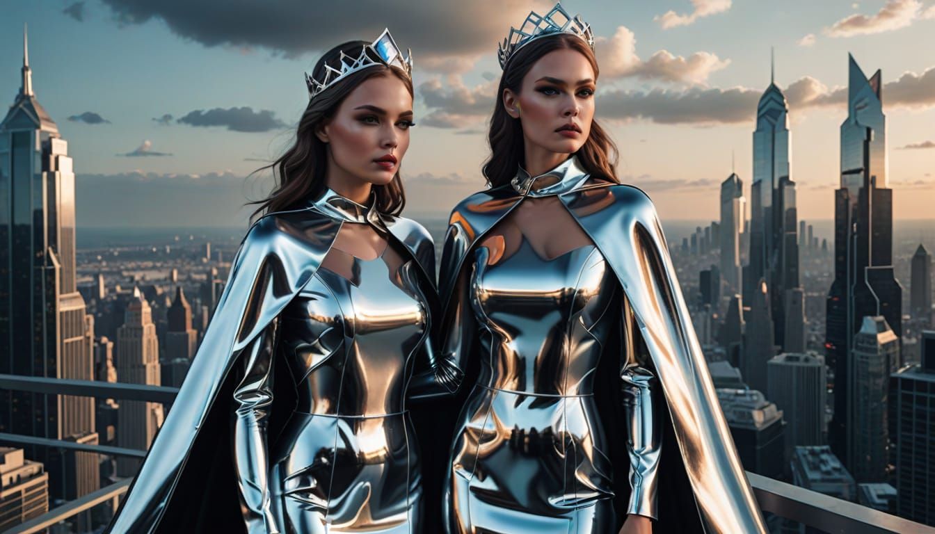 Futuristic Mother and Daughter in Chrome Latex
