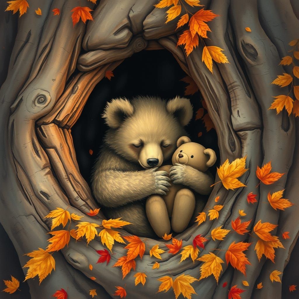 Sleeping Baby Bear Cub in Autumnal Setting